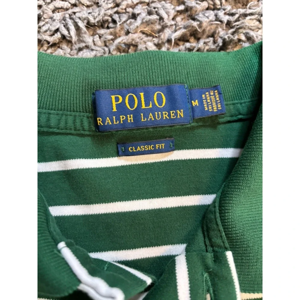 Polo Ralph Lauren Polo Shirt Classic Fit Green w/ White Stripe M Medium EUC